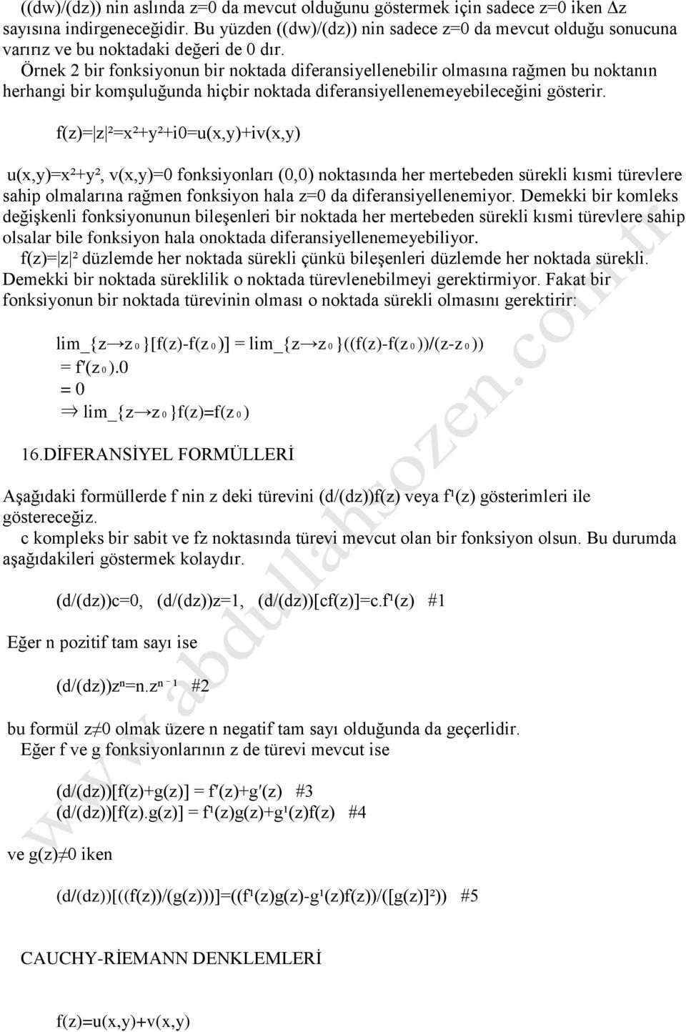 Örnek 2 bir fonksiyonun bir noktada diferansiyellenebilir olmasına rağmen bu noktanın herhangi bir komşuluğunda hiçbir noktada diferansiyellenemeyebileceğini gösterir.