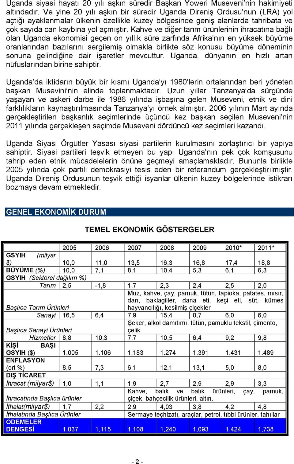 Kahve ve diğer tarım ürünlerinin ihracatına bağlı olan Uganda ekonomisi geçen on yıllık süre zarfında Afrika nın en yüksek büyüme oranlarından bazılarını sergilemiş olmakla birlikte söz konusu büyüme