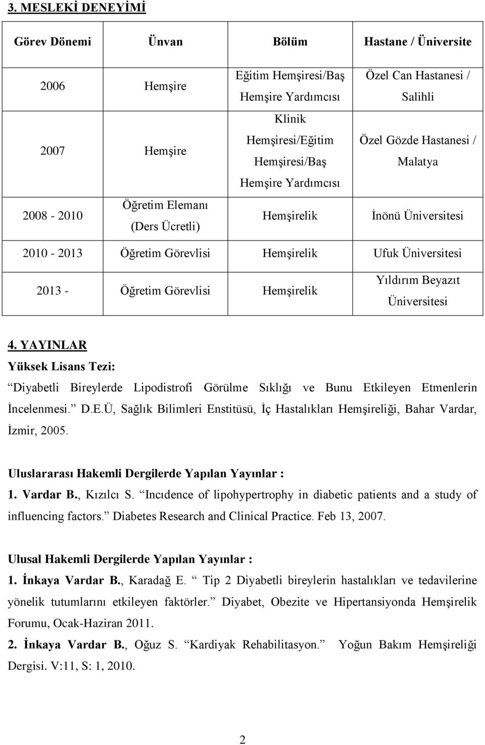 Görevlisi Hemşirelik Yıldırım Beyazıt Üniversitesi 4. YAYINLAR Yüksek Lisans Tezi: Diyabetli Bireylerde Lipodistrofi Görülme Sıklığı ve Bunu Et