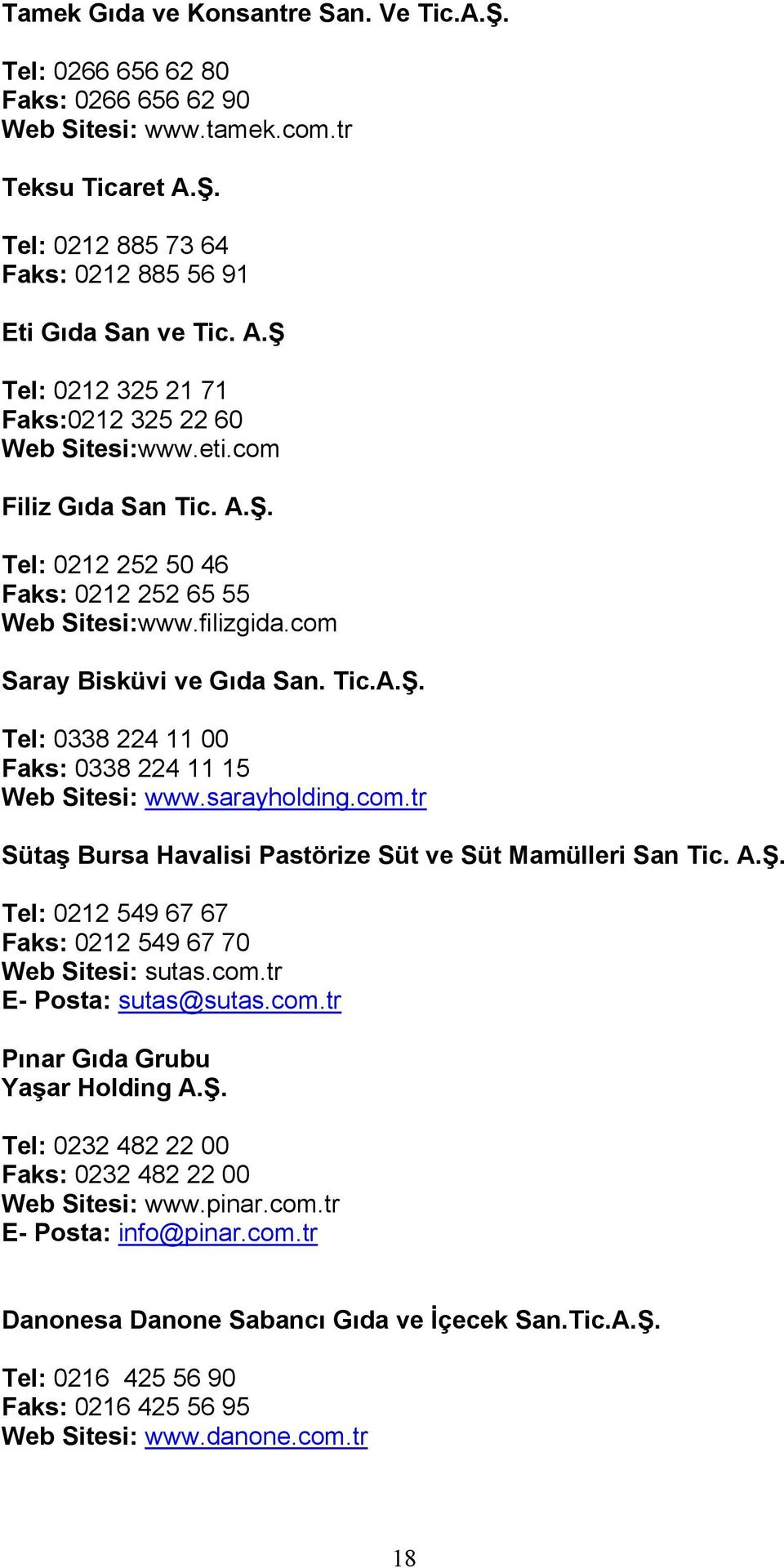 sarayholding.com.tr Sütaş Bursa Havalisi Pastörize Süt ve Süt Mamülleri San Tic. A.Ş. Tel: 0212 549 67 67 Faks: 0212 549 67 70 Web Sitesi: sutas.com.tr E- Posta: sutas@sutas.com.tr Pınar Gıda Grubu Yaşar Holding A.