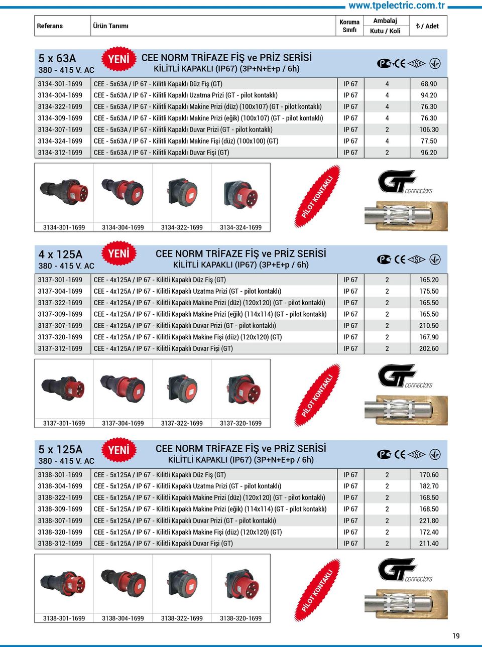 20 3134-322-1699 CEE - 5x63A / IP 67 - Kilitli Kapaklı Makine Prizi (düz) (100x107) (GT - pilot kontaklı) IP 67 4 76.