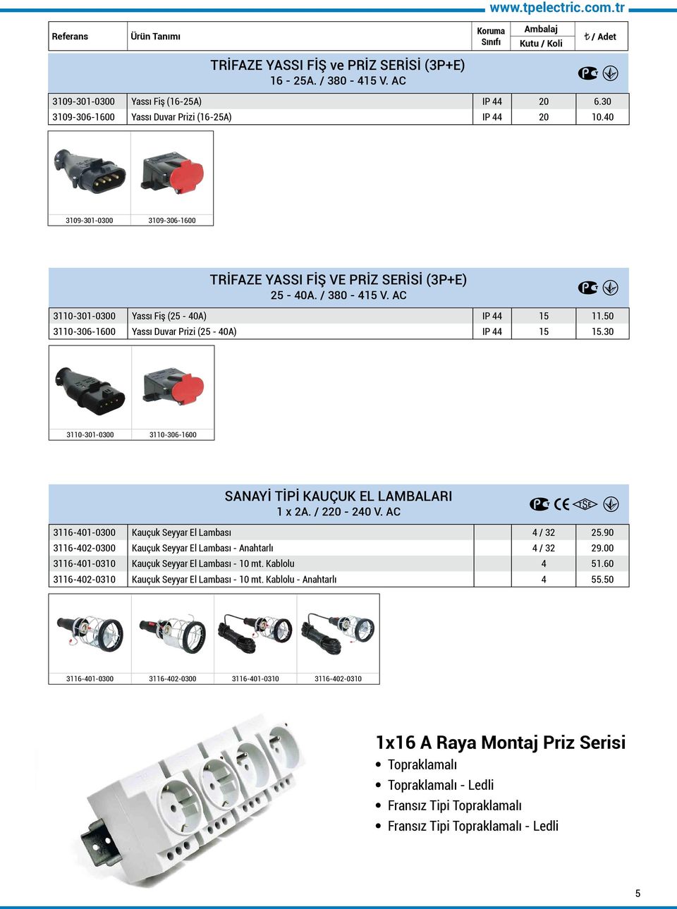 30 3110-301-0300 3110-306-1600 SANAYİ TİPİ KAUÇUK EL LAMBALARI 1 x 2A. / 220-240 V. AC 3116-401-0300 Kauçuk Seyyar El Lambası 4 / 32 25.90 3116-402-0300 Kauçuk Seyyar El Lambası - Anahtarlı 4 / 32 29.