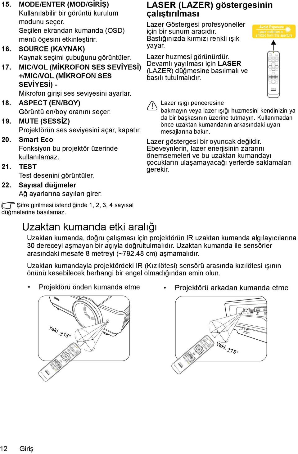 MUTE (SESSİZ) Projektörün ses seviyesini açar, kapatır. 20. Smart Eco Fonksiyon bu projektör üzerinde kullanılamaz. 21. TEST Test desenini görüntüler. 22.