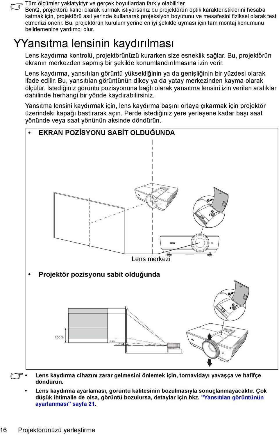 test etmenizi önerir. Bu, projektörün kurulum yerine en iyi şekilde uyması için tam montaj konumunu belirlemenize yardımcı olur.