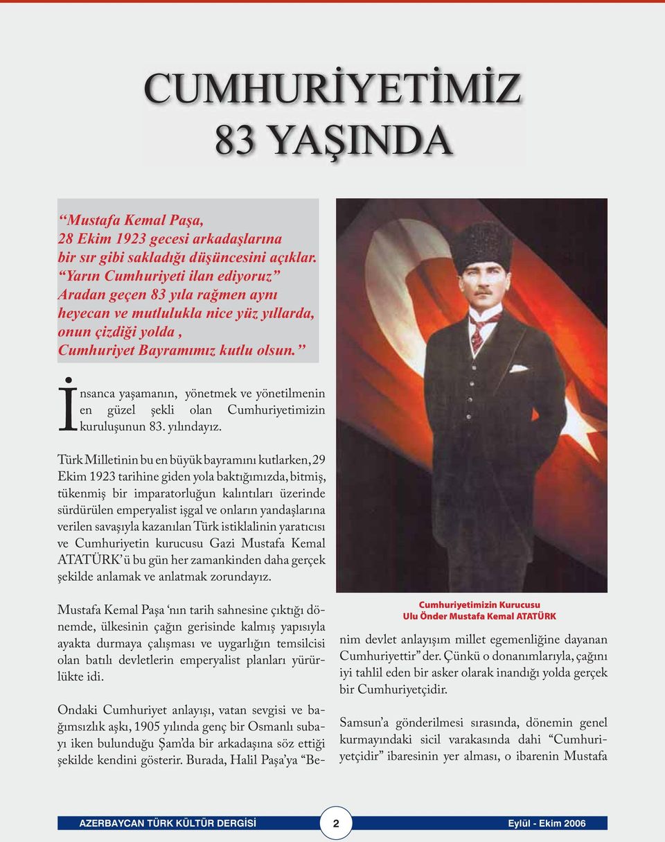 İnsanca yaşamanın, yönetmek ve yönetilmenin en güzel şekli olan Cumhuriyetimizin kuruluşunun 83. yılındayız.