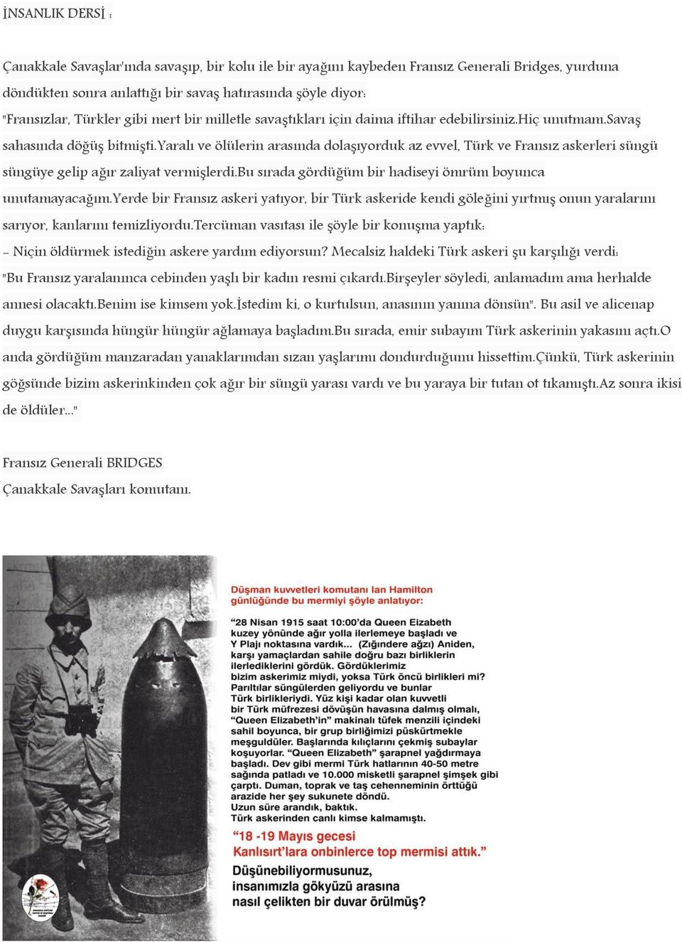 yaralı ve ölülerin arasında dolaşıyorduk az evvel, Türk ve Fransız askerleri süngü süngüye gelip ağır zaliyat vermişlerdi.bu sırada gördüğüm bir hadiseyi ömrüm boyunca unutamayacağım.