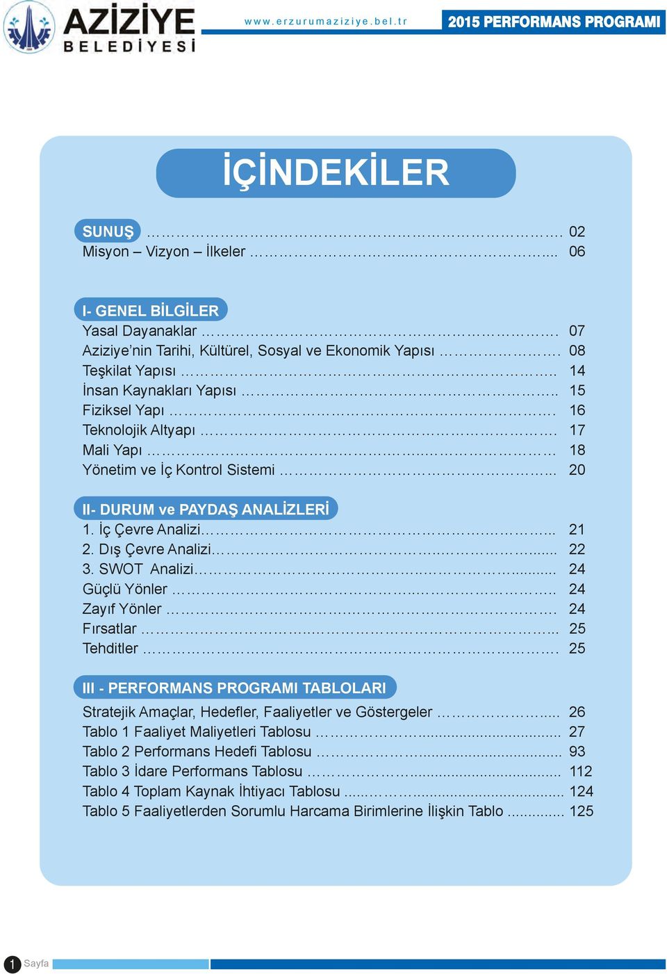 .. 20 II- DURUM ve PAYDAŞ ANALİZLERİ 1. İç Çevre Analizi.... 21 2. Dış Çevre Analizi..... 22 3. SWOT Analizi..... 24 Güçlü Yönler.... 24 Zayıf Yönler.. 24 Fırsatlar..... 25 Tehditler.