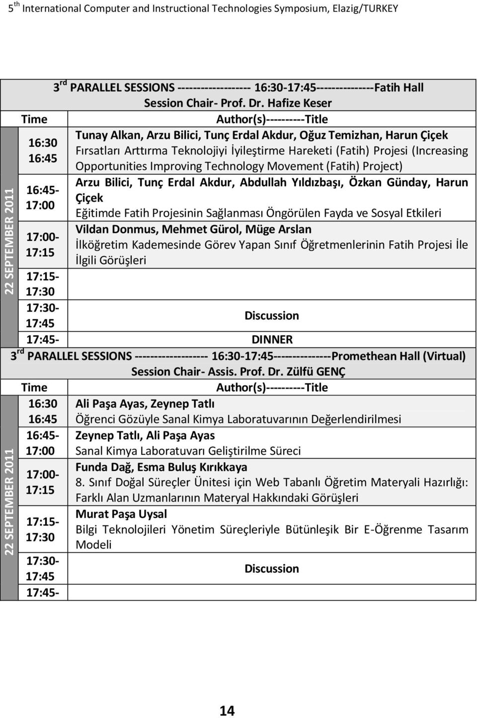 Improving Technology Movement (Fatih) Project) 16:45-17:00 17:00-17:15 Arzu Bilici, Tunç Erdal Akdur, Abdullah Yıldızbaşı, Özkan Günday, Harun Çiçek Eğitimde Fatih Projesinin Sağlanması Öngörülen