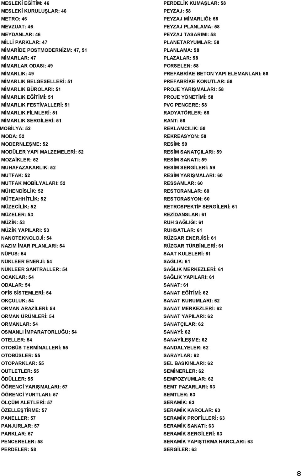 MUHAFAZAKARLIK: 52 MUTFAK: 52 MUTFAK MOBİLYALARI: 52 MÜHENDİSLİK: 52 MÜTEAHHİTLİK: 52 MÜZECİLİK: 52 MÜZELER: 53 MÜZİK: 53 MÜZİK YAPILARI: 53 NANOTEKNOLOJİ: 54 NAZIM İMAR PLANLARI: 54 NÜFUS: 54