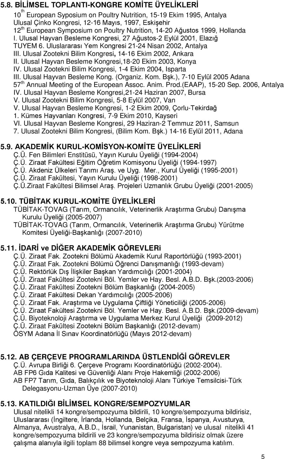 Ulusal Zootekni Bilim Kongresi, 14-16 Ekim 2002, Ankara II. Ulusal Hayvan Besleme Kongresi,18-20 Ekim 2003, Konya IV. Ulusal Zootekni Bilim Kongresi, 1-4 Ekim 2004, Isparta III.