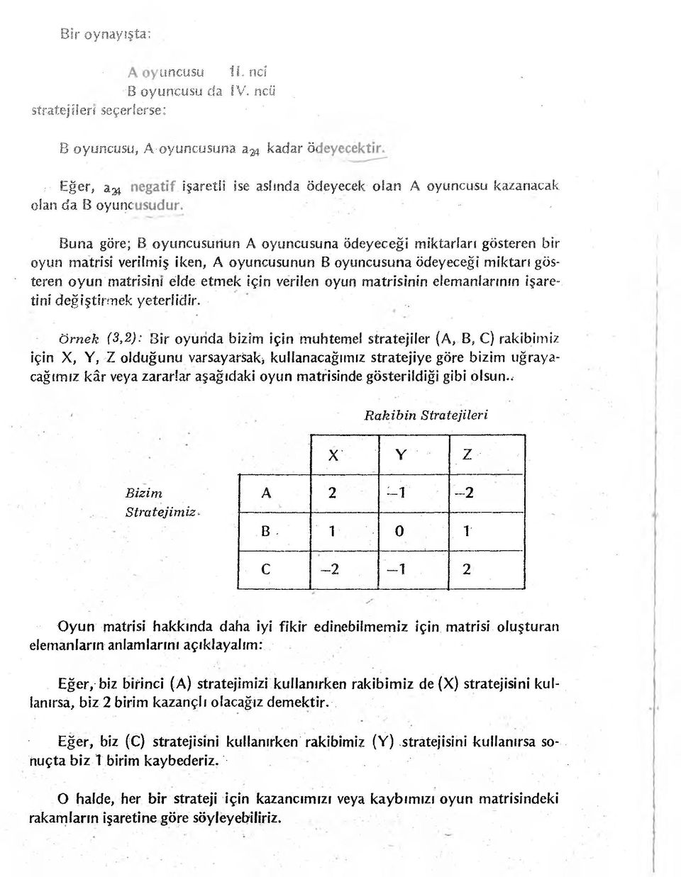 oyuncusunun Â oyuncusuna ödeyeceği miktarları gösteren bir oyun matrisi veri imiş iken* A oyuncusunun B oyuncusuna ödeyeceği miktarı gös- ' teren oyun' matrisini elde etmek için verilen oyun,