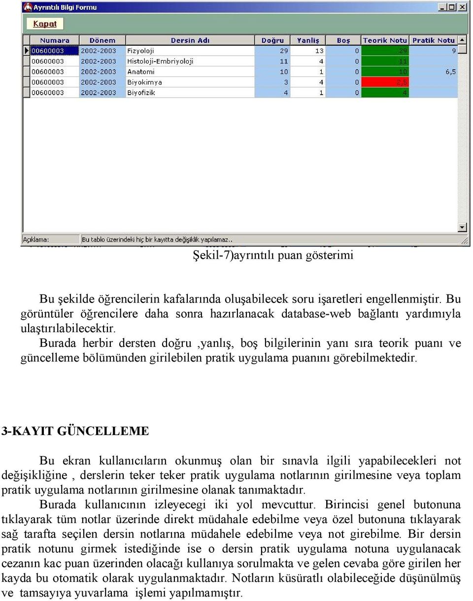 Burada herbir dersten doğru,yanlış, boş bilgilerinin yanı sıra teorik puanı ve güncelleme bölümünden girilebilen pratik uygulama puanını görebilmektedir.