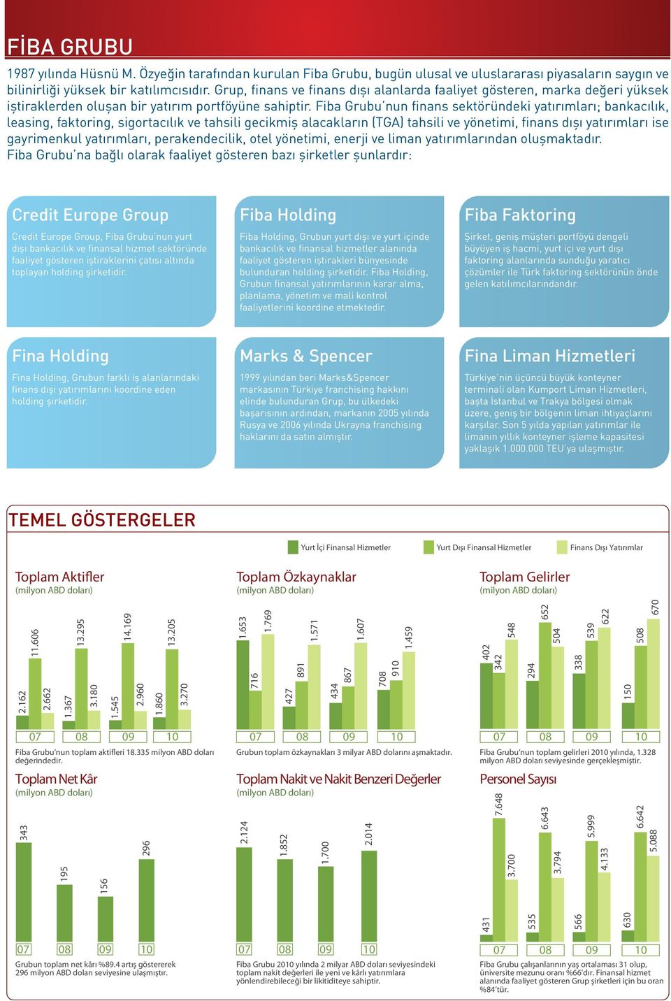 Fiba Grubu nun finans sektöründeki yatırımları; bankacılık, leasing, faktoring, sigortacılık ve tahsili gecikmiş alacakların (TGA) tahsili ve yönetimi, finans dışı yatırımları ise gayrimenkul