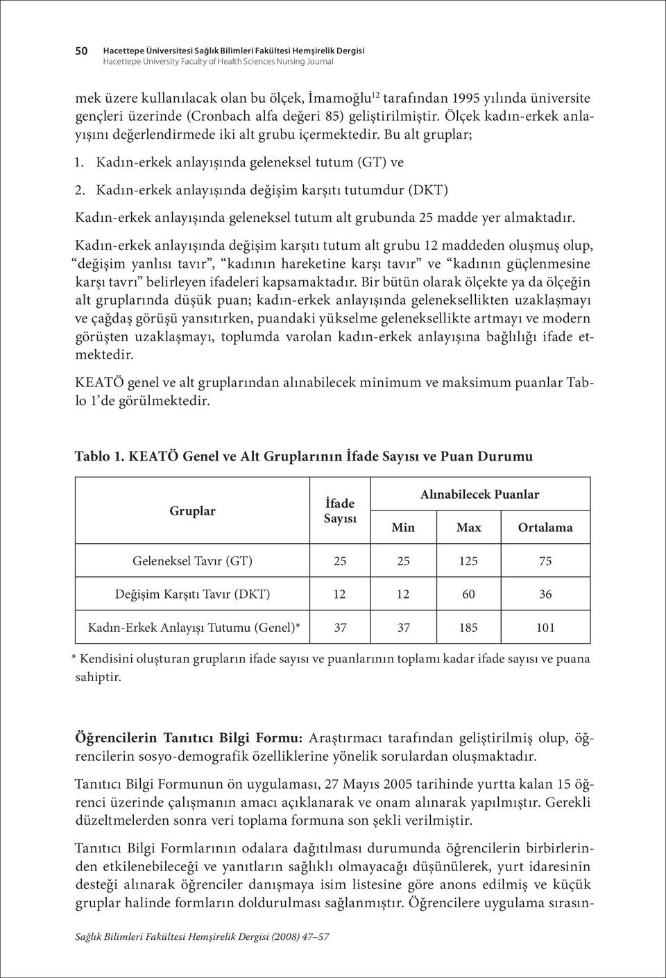 Kadın-erkek anlayışında geleneksel tutum (GT) ve 2. Kadın-erkek anlayışında değişim karşıtı tutumdur (DKT) Kadın-erkek anlayışında geleneksel tutum alt grubunda 25 madde yer almaktadır.