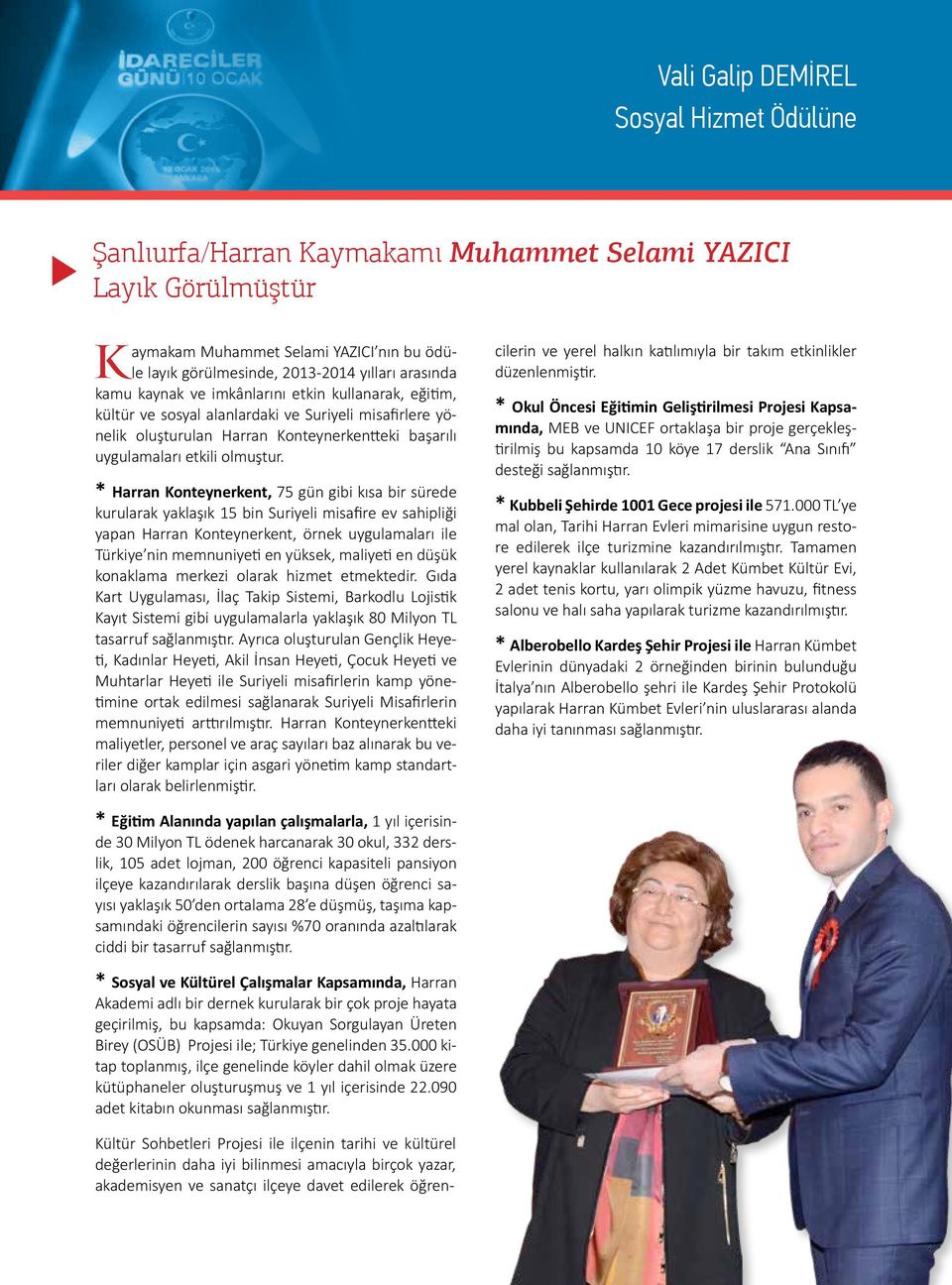 * Harran Konteynerkent, 75 gün gibi kısa bir sürede kurularak yaklaşık 15 bin Suriyeli misafire ev sahipliği yapan Harran Konteynerkent, örnek uygulamaları ile Türkiye nin memnuniyeti en yüksek,