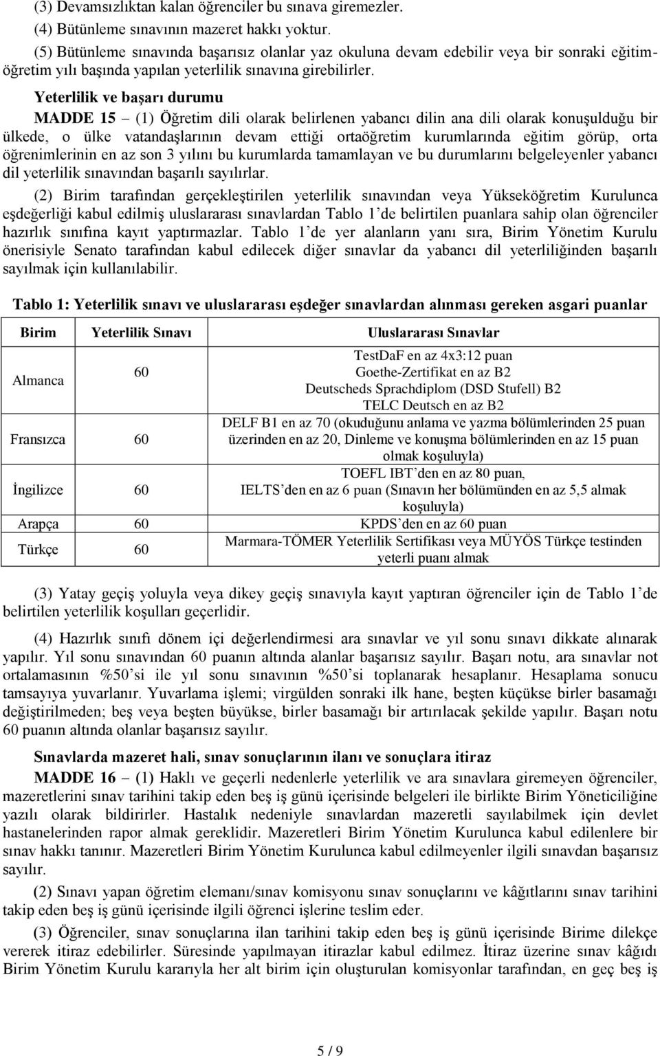 Yeterlilik ve başarı durumu MADDE 15 (1) Öğretim dili olarak belirlenen yabancı dilin ana dili olarak konuşulduğu bir ülkede, o ülke vatandaşlarının devam ettiği ortaöğretim kurumlarında eğitim