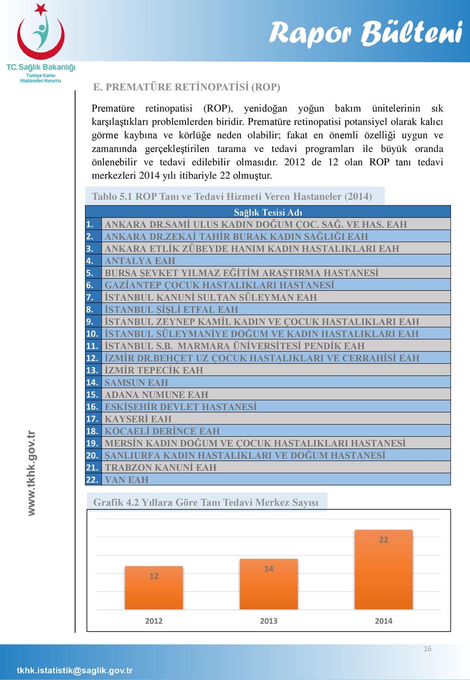 önlenebilir ve tedavi edilebilir olmasıdır. 212 de 12 olan ROP tanı tedavi merkezleri 214 yılı itibariyle 22 olmuştur. Tablo 5.1 ROP Tanı ve Tedavi Hizmeti Veren Hastaneler (214) Sağlık Tesisi Adı 1.