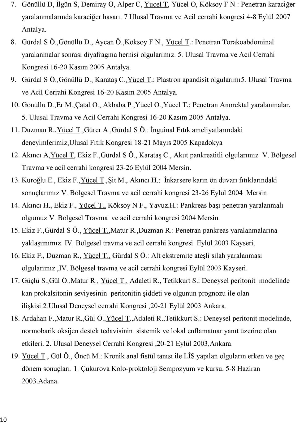 Ulusal Travma ve Acil Cerrahi Kongresi 16-20 Kasım 2005 Antalya. 9. Gürdal S Ö.,Gönüllü D., Karataş C.,Yücel T.: Plastron apandisit olgularımı5.