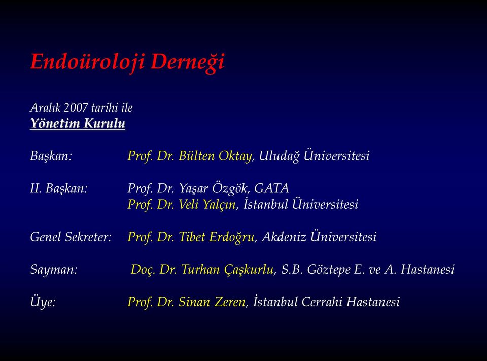 Dr. Veli Yalçın, İstanbul Üniversitesi Prof. Dr. Tibet Erdoğru, Akdeniz Üniversitesi Doç. Dr. Turhan Çaşkurlu, S.