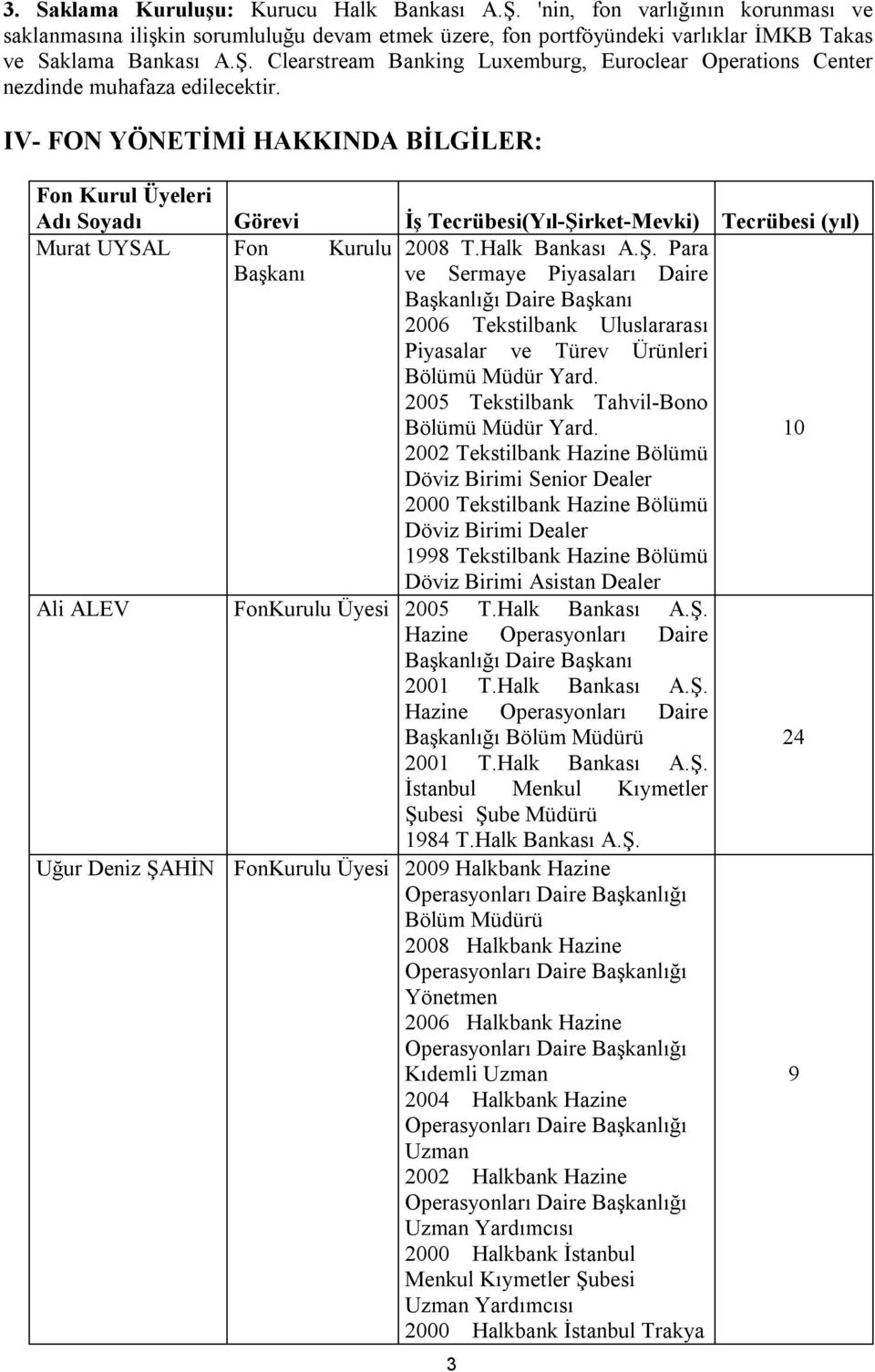 rket-Mevki) Tecrübesi (yıl) Murat UYSAL Fon Kurulu 2008 T.Halk Bankası A.Ş.