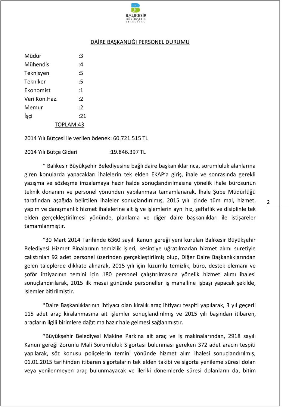 397 TL * Balıkesir Büyükşehir Belediyesine bağlı daire başkanlıklarınca, sorumluluk alanlarına giren konularda yapacakları ihalelerin tek elden EKAP a giriş, ihale ve sonrasında gerekli yazışma ve