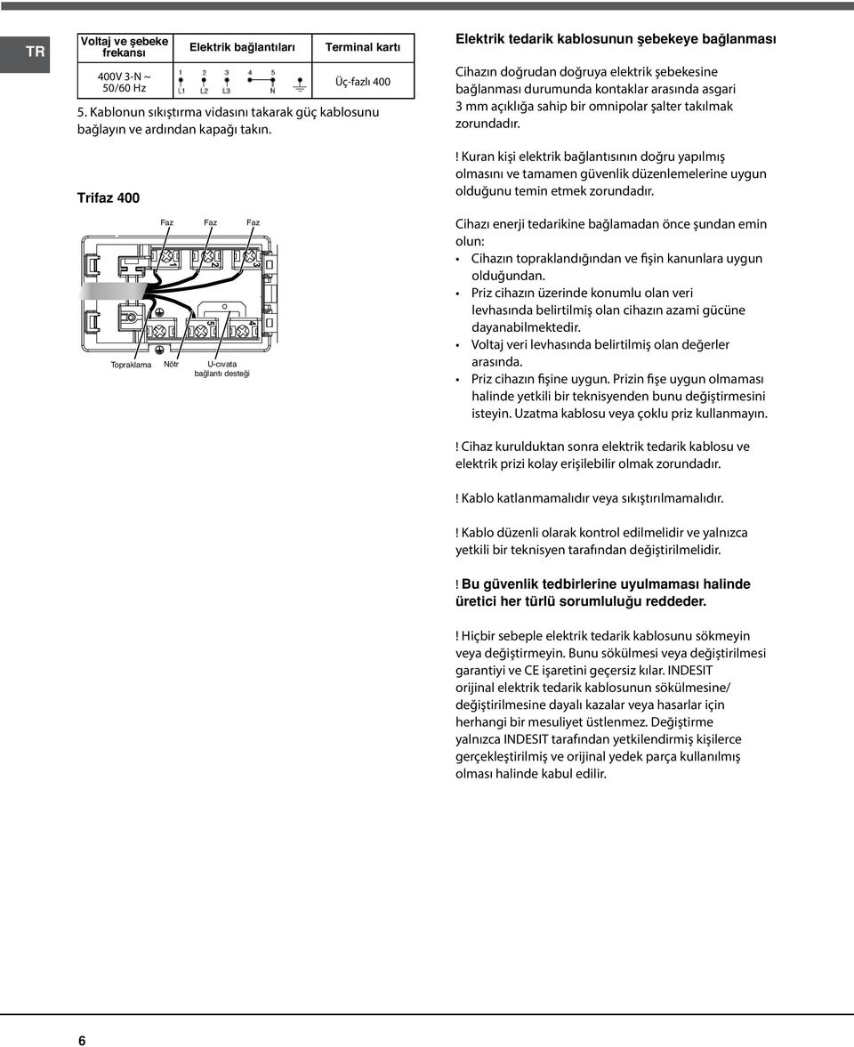 zorundadır. Trifaz 400 Topraklama Faz Faz Faz 1 Nötr 2 5 U-cıvata bağlantı desteği 3 4!