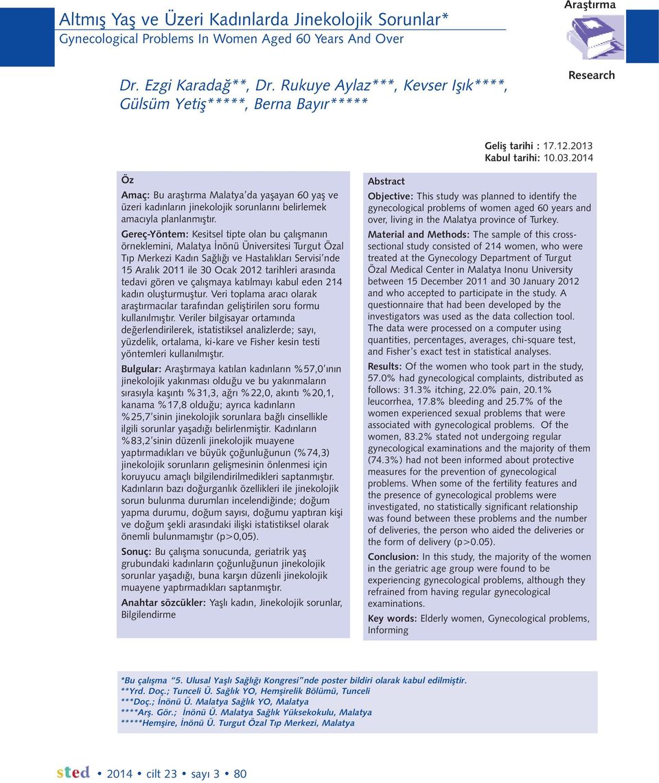 2014 Öz Amaç: Bu araştırma Malatya da yaşayan 60 yaş ve üzeri kadınların jinekolojik sorunlarını belirlemek amacıyla planlanmıştır.