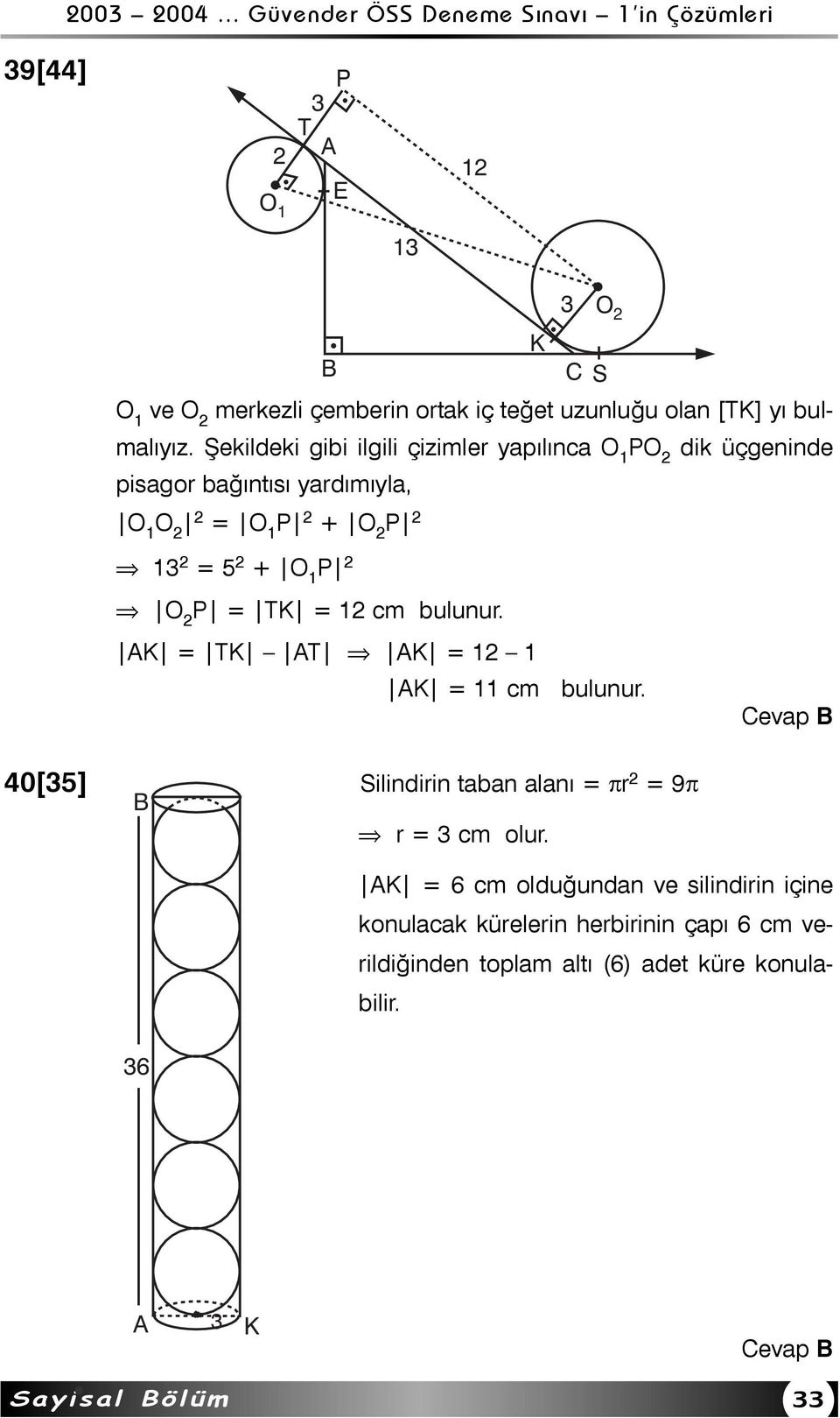 P O P = TK = 1 cm bulunur. AK = TK AT AK = 1 1 AK = 11 cm bulunur. 40[35] B Silindirin taban alaný = πr = 9π r = 3 cm olur.