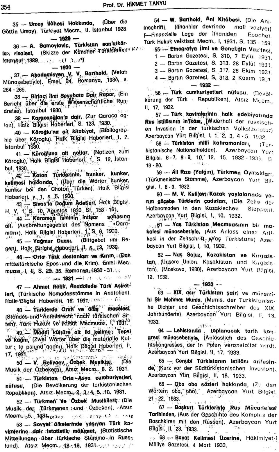 264-265. ' ^... 38 Blrjnçi İlmî Spyahata Ojoir; Rapor, (Ein Bericht über'âıe ersf^, w^ens'cfidftliche: Rundreise). İstanbul 1930. 39 ~ Kt^caoğlan'a dair. (Zur Oaraca oglany.