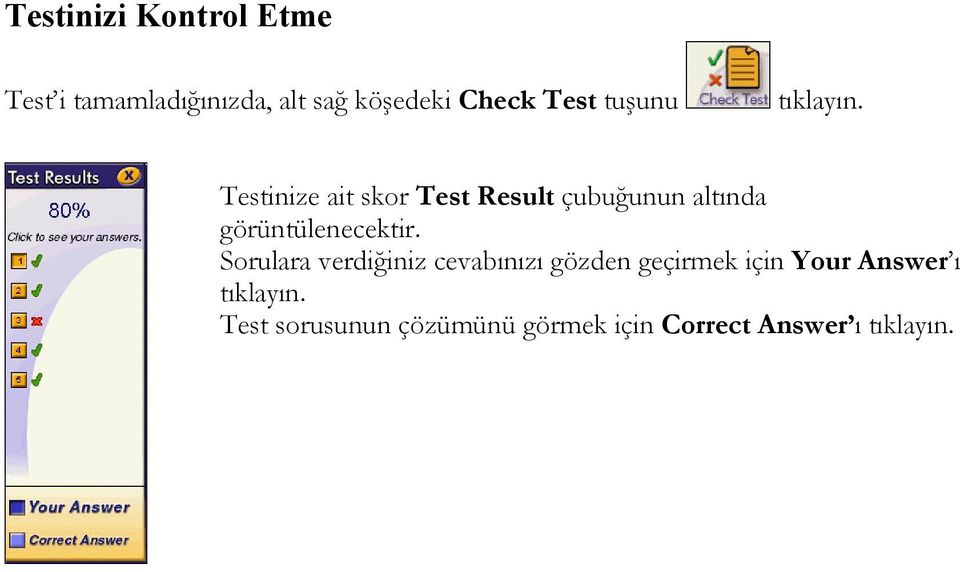 Testinize ait skor Test Result çubuğunun altında görüntülenecektir.