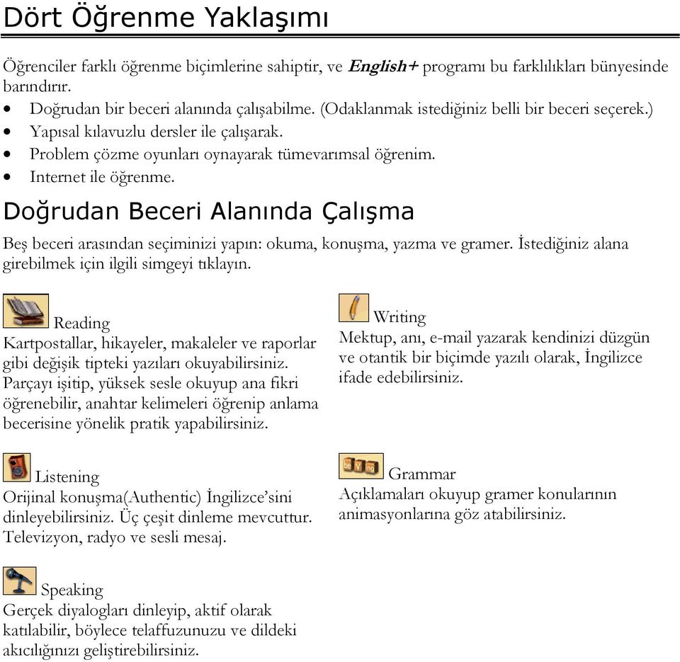 Doğrudan Beceri Alanında Çalışma Beş beceri arasından seçiminizi yapın: okuma, konuşma, yazma ve gramer. İstediğiniz alana girebilmek için ilgili simgeyi tıklayın.