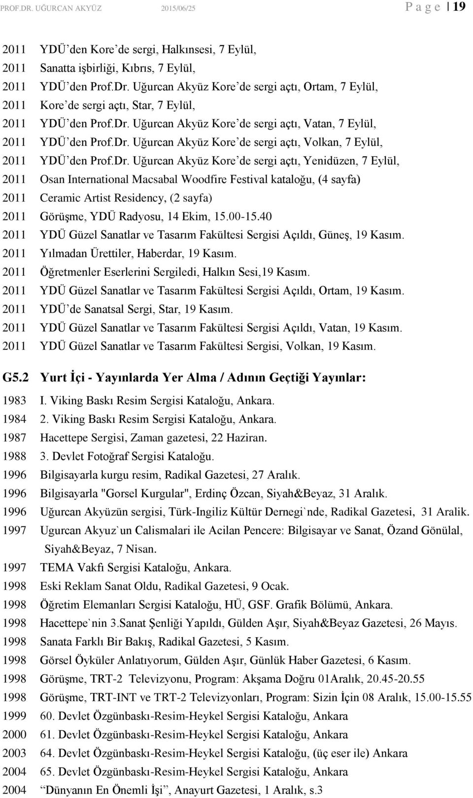 Dr. Uğurcan Akyüz Kore de sergi açtı, Yenidüzen, 7 Eylül, 2011 Osan International Macsabal Woodfire Festival kataloğu, (4 sayfa) 2011 Ceramic Artist Residency, (2 sayfa) 2011 Görüşme, YDÜ Radyosu, 14