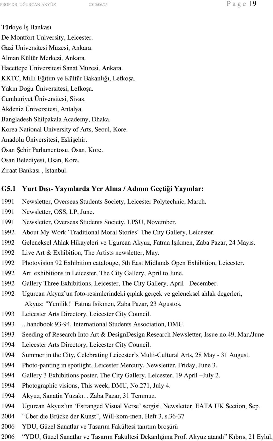 Bangladesh Shilpakala Academy, Dhaka. Korea National University of Arts, Seoul, Kore. Anadolu Üniversitesi, Eskişehir. Osan Şehir Parlamentosu, Osan, Kore. Osan Belediyesi, Osan, Kore.