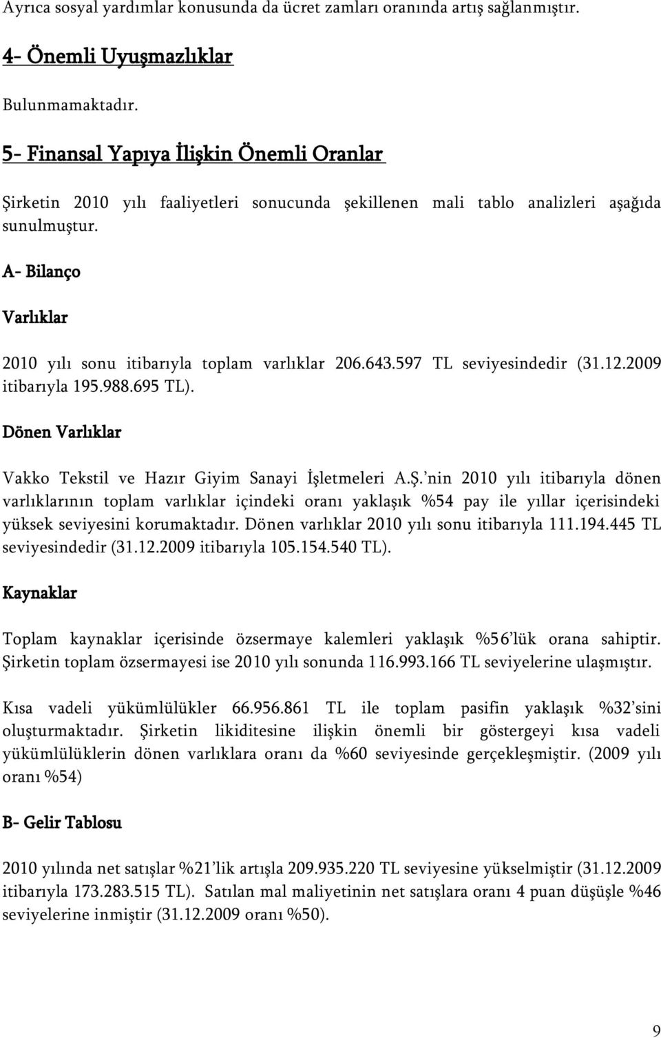 A- Bilanço Varlıklar 2010 yılı sonu itibarıyla toplam varlıklar 206.643.597 TL seviyesindedir (31.12.2009 itibarıyla 195.988.695 TL). Dönen Varlıklar Vakko Tekstil ve Hazır Giyim Sanayi İşletmeleri A.