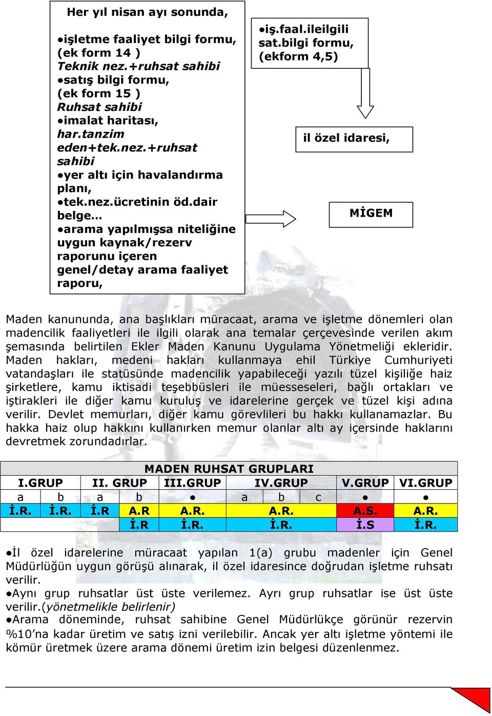 bilgi formu, (ekform 4,5) il özel idaresi, MĐGEM Maden kanununda, ana başlıkları müracaat, arama ve işletme dönemleri olan madencilik faaliyetleri ile ilgili olarak ana temalar çerçevesinde verilen