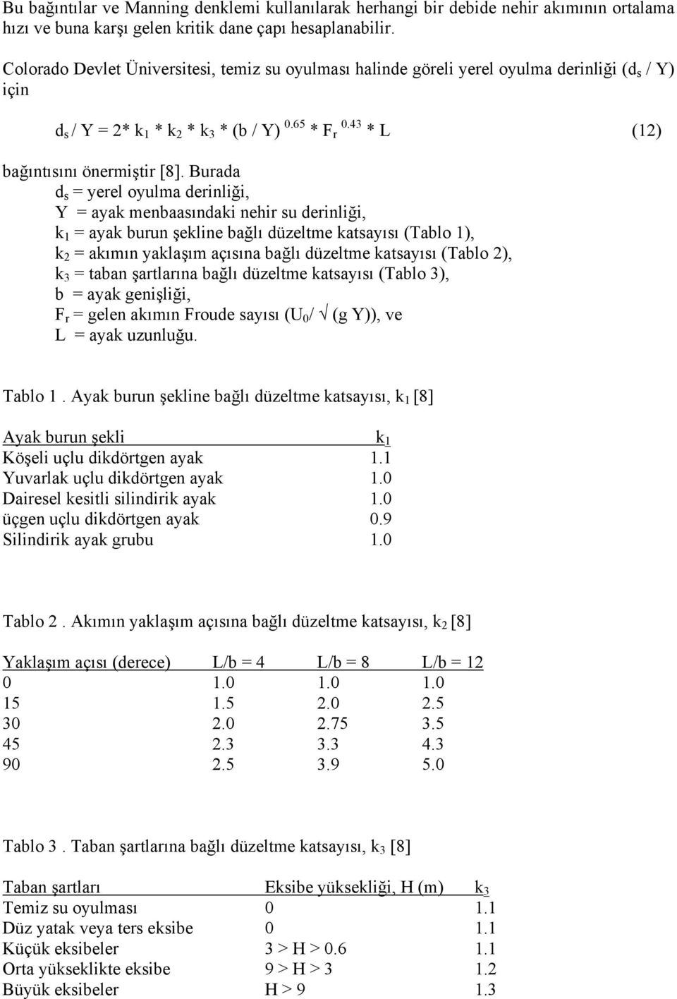 Burada d s = yerel oyulma derinliği, Y = ayak menbaasındaki nehir su derinliği, k 1 = ayak burun şekline bağlı düzeltme katsayısı (Tablo 1), k 2 = akımın yaklaşım açısına bağlı düzeltme katsayısı