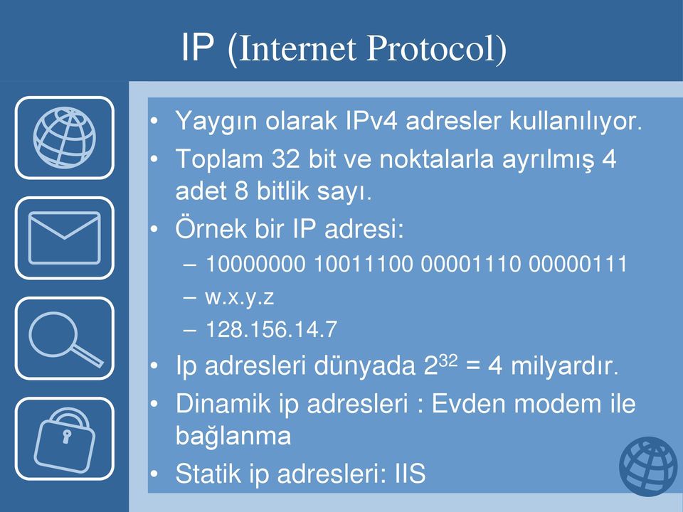 Örnek bir IP adresi: 10000000 10011100 00001110 00000111 w.x.y.z 128.156.14.