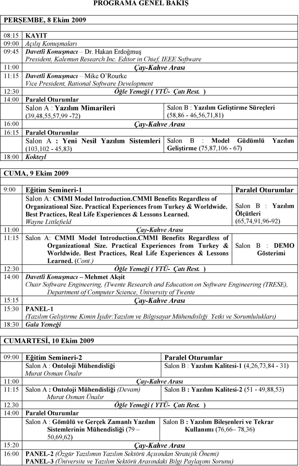 ) 14:00 Paralel Oturumlar Salon A : Yazılım Mimarileri (39,48,55,57,99-72) 16:00 Çay-Kahve Arası 16:15 Paralel Oturumlar Salon A : Yeni Nesil Yazılım Sistemleri (103,102-45,83) 18:00 Kokteyl CUMA, 9