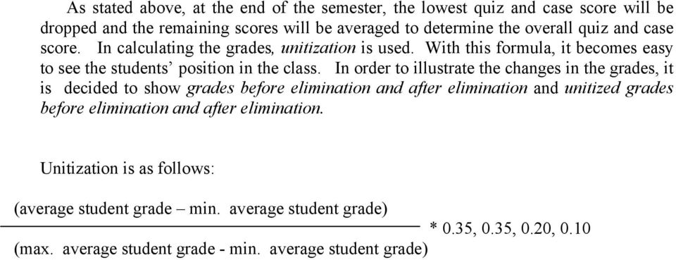 In order to illustrate the changes in the grades, it is decided to show grades before elimination and after elimination and unitized grades before elimination