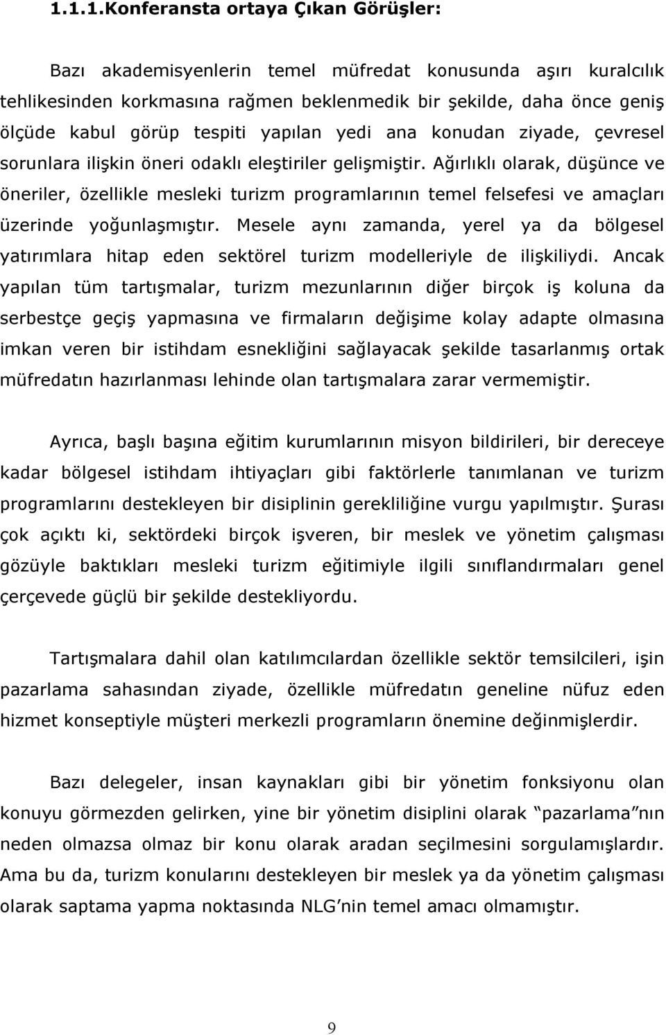 Ağırlıklı olarak, düşünce ve öneriler, özellikle mesleki turizm programlarının temel felsefesi ve amaçları üzerinde yoğunlaşmıştır.