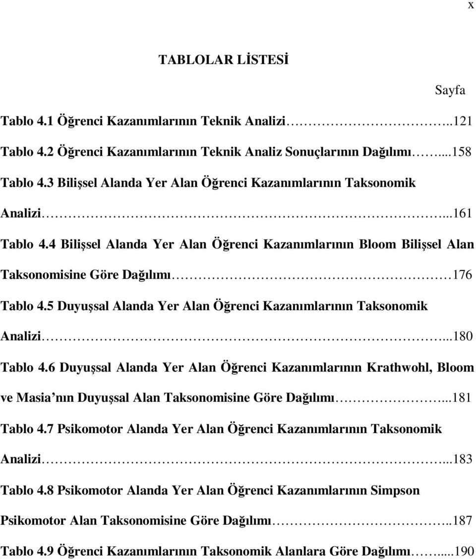 5 Duyuşsal Alanda Yer Alan Öğrenci Kazanımlarının Taksonomik Analizi...180 Tablo 4.