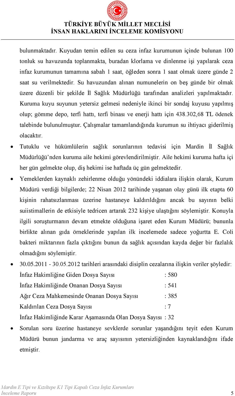 saat olmak üzere günde 2 saat su verilmektedir. Su havuzundan alınan numunelerin on beş günde bir olmak üzere düzenli bir şekilde İl Sağlık Müdürlüğü tarafından analizleri yapılmaktadır.