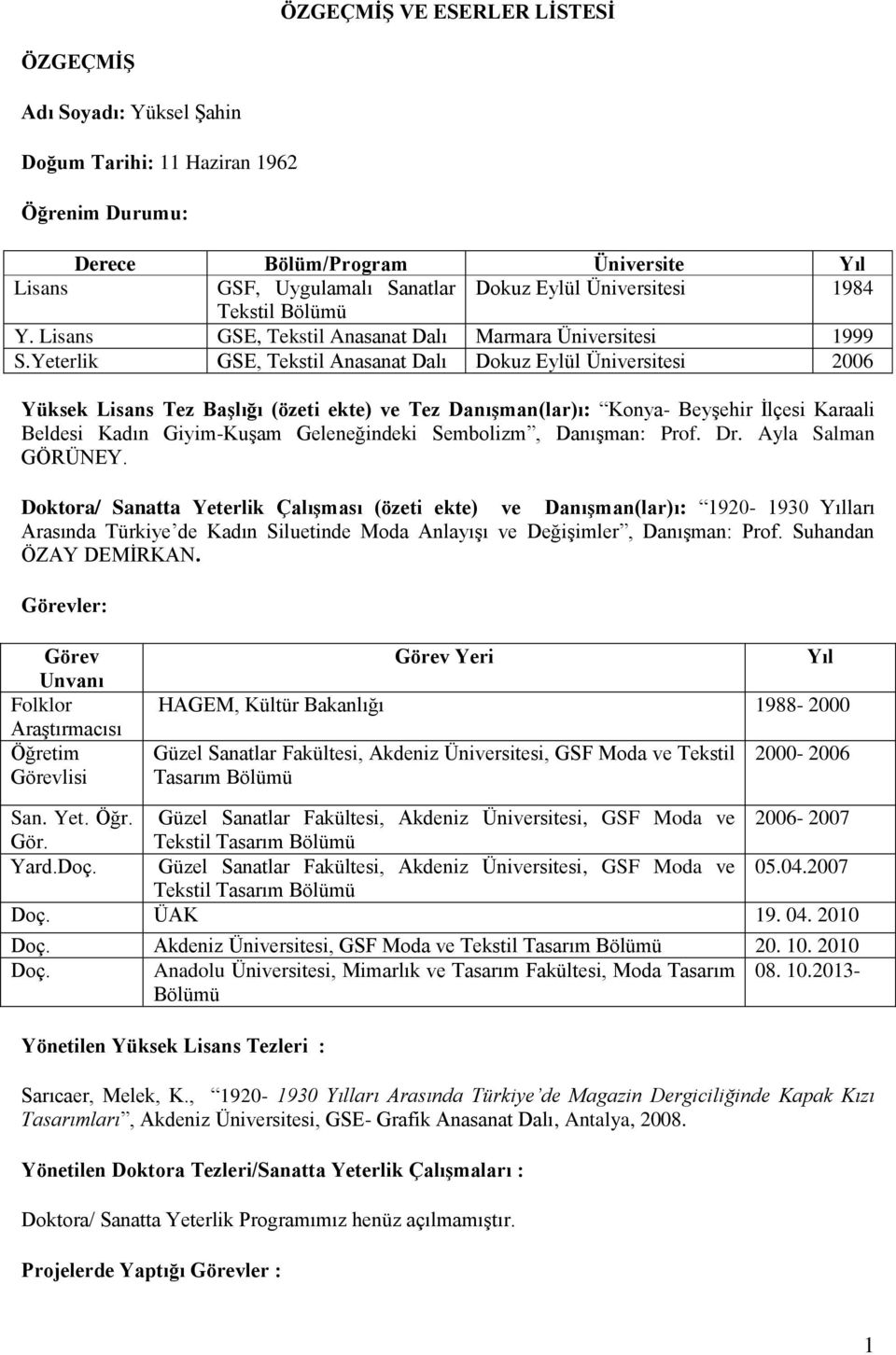 Yeterlik GSE, Tekstil Anasanat Dalı Dokuz Eylül Üniversitesi 2006 Yüksek Lisans Tez Başlığı (özeti ekte) ve Tez Danışman(lar)ı: Konya- Beyşehir İlçesi Karaali Beldesi Kadın Giyim-Kuşam Geleneğindeki