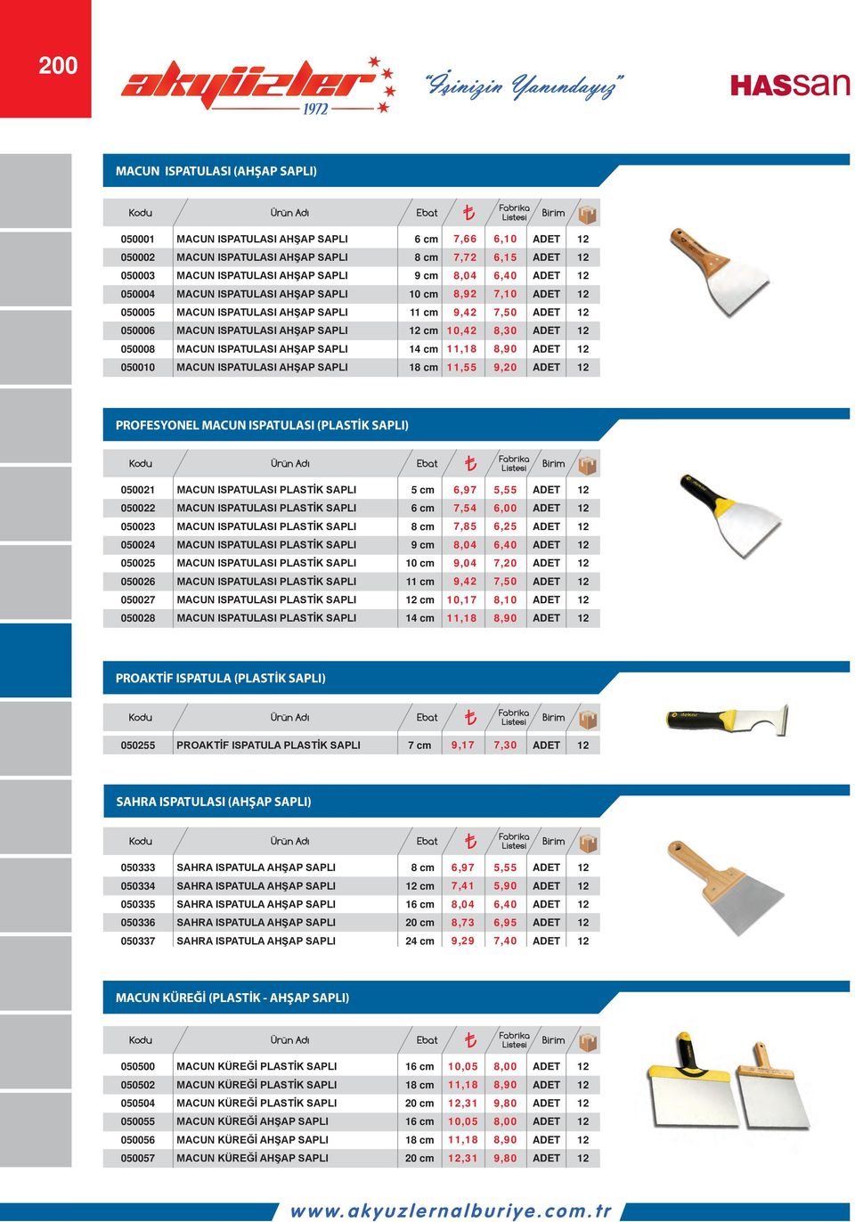 050010 MACUN ISPATULASI AHŞAP SAPLI 11,55 9,20 PROFESYONEL MACUN ISPATULASI (PLASTİK SAPLI) 050021 MACUN ISPATULASI PLASTİK SAPLI 5 cm 6,97 5,55 050022 MACUN ISPATULASI PLASTİK SAPLI 6 cm 7,54 6,00