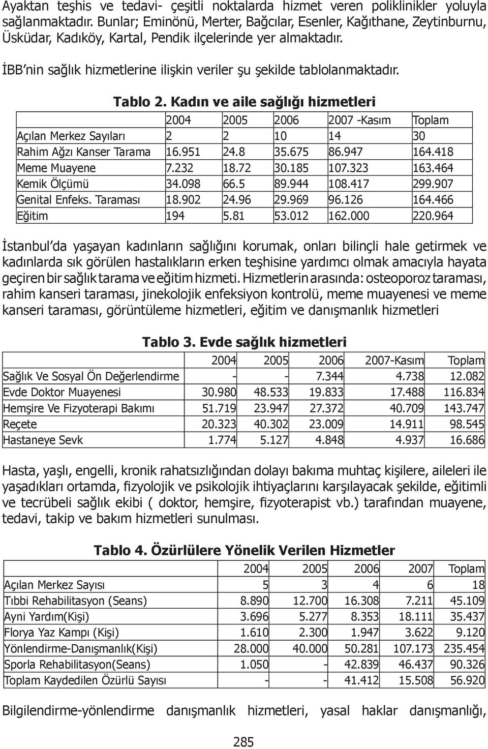 İBB nin sağlık hizmetlerine ilişkin veriler şu şekilde tablolanmaktadır. Tablo 2.