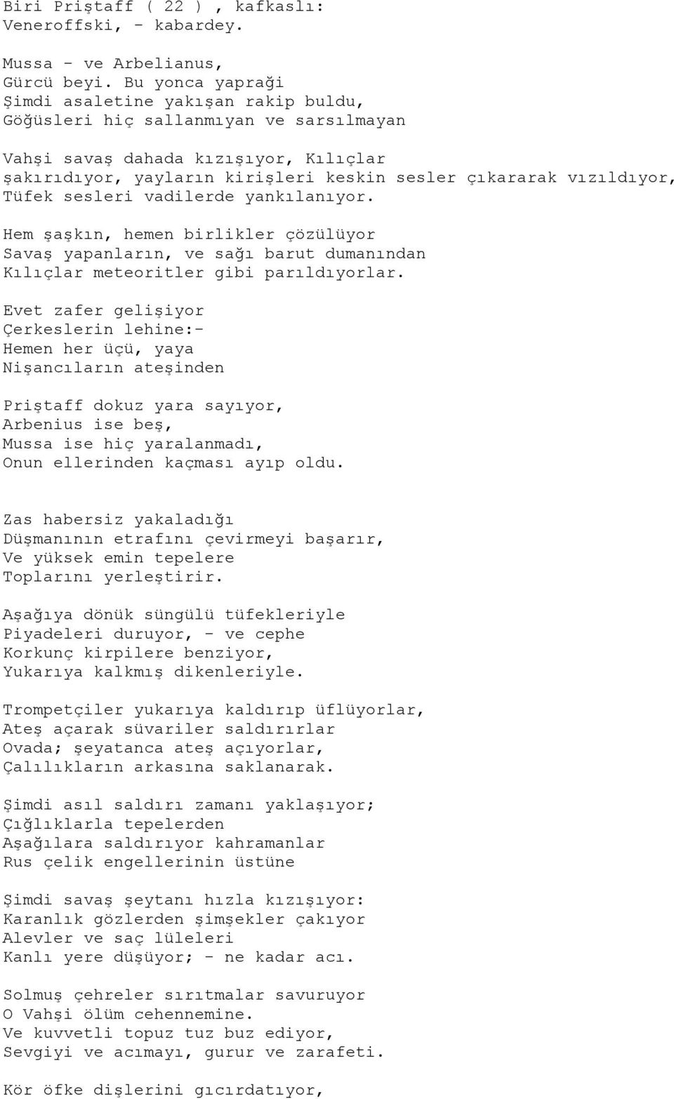 vızıldıyor, Tüfek sesleri vadilerde yankılanıyor. Hem şaşkın, hemen birlikler çözülüyor Savaş yapanların, ve sağı barut dumanından Kılıçlar meteoritler gibi parıldıyorlar.