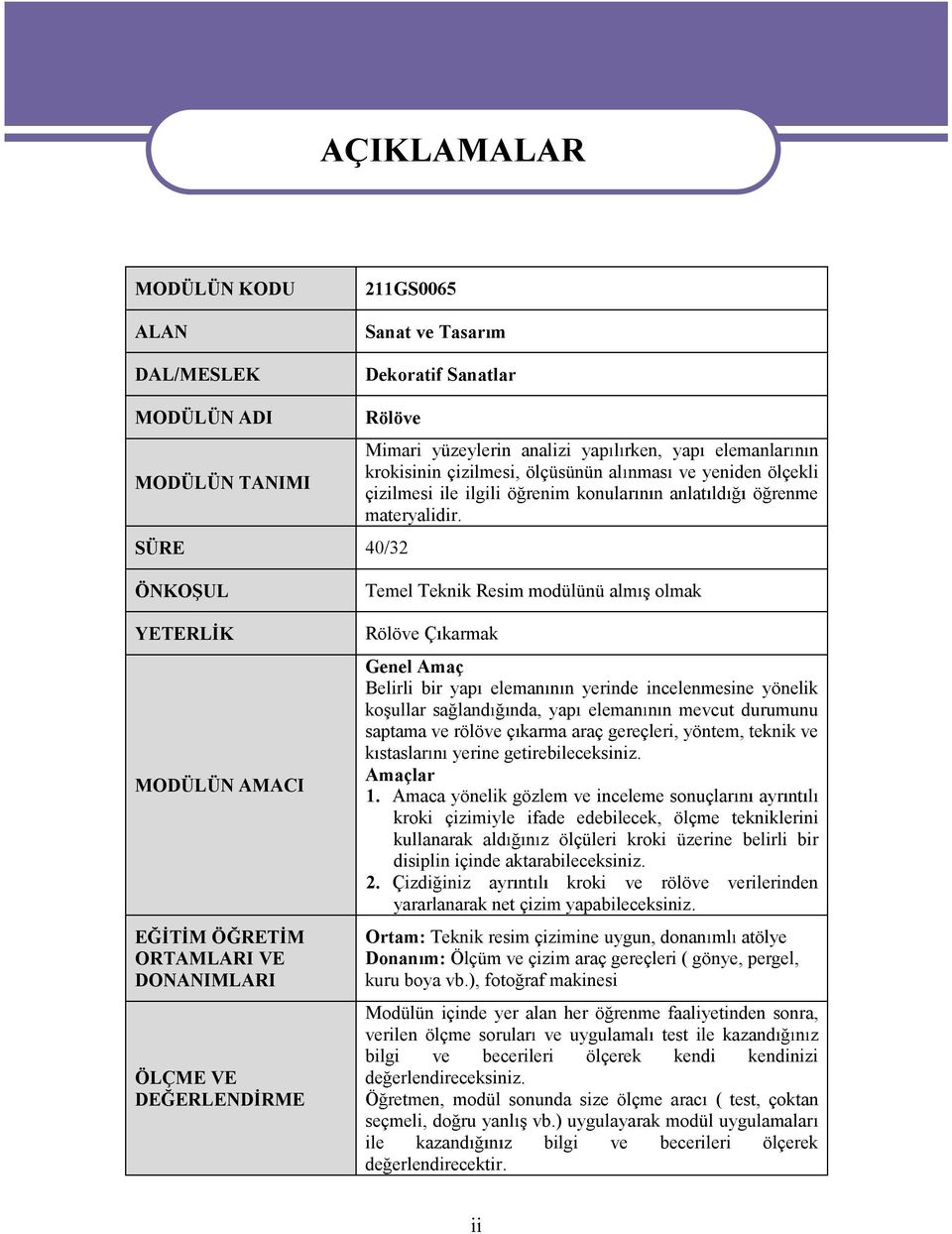 SÜRE 40/32 ÖNKO UL TemelTeknikResimmodülünü alm olmak YETERL K MODÜLÜNAMACI E T MÖ RET M ORTAMLARI VE DONANIMLARI ÖLÇMEVE DE ERLEND RME Rölöve Çkarmak GenelAmaç Belirli bir yap eleman n nyerinde