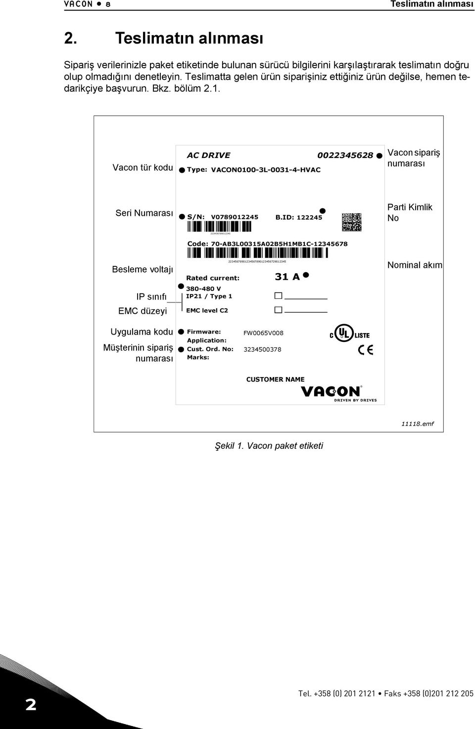 Vacon Vacon typetür code kodu AC DRIVE 0022345628 Type: VACON0100-3L-0031-4-HVAC Vacon sipariş order numarası number Serial Seri number Numarası S/N: V0789012245 B.