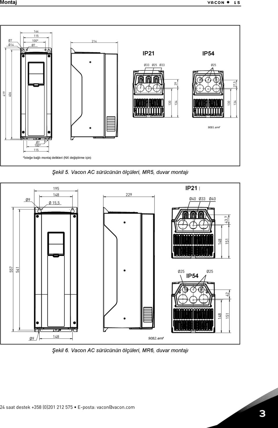 Vacon AC sürücünün ölçüleri, MR5, duvar montajı Ø9 195 148 Ø 15,5 229 IP21 Ø40 Ø33 Ø40 148 151 557 541 43,7 Ø25 IP54 Ø25 148