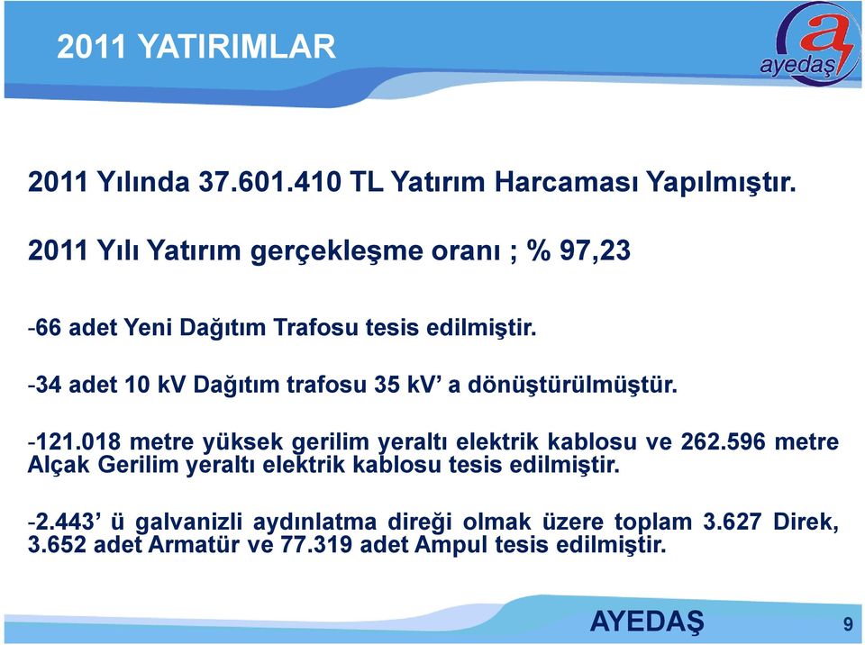 -34 adet 10 kv Dağıtım trafosu 35 kv a dönüştürülmüştür. -121.018 metre yüksek gerilim yeraltı elektrik kablosu ve 262.